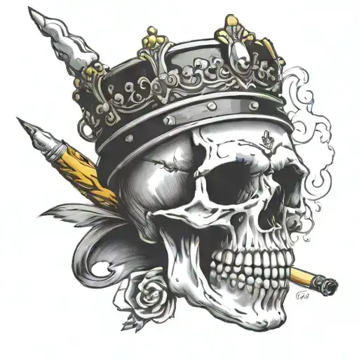 Skull Smoking A Cigarette With Half Tin Hat And Queen Crown