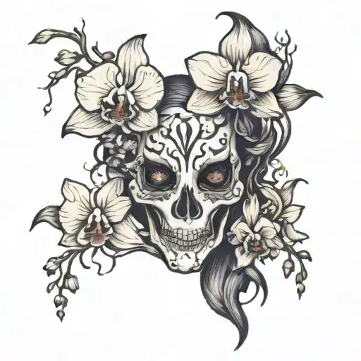 Scary Ghost Face Surrounded By Orchids Blooming