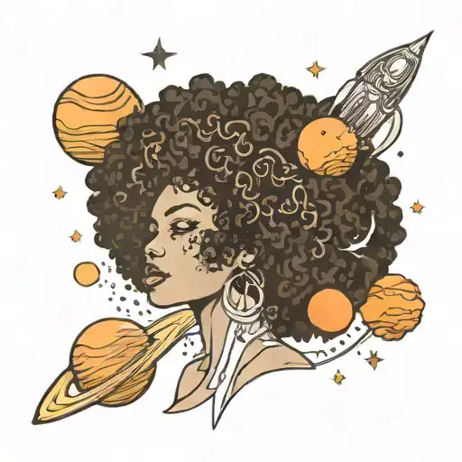 Universe Space With Planets As The Head With Black Women Curly Afro Hair With A Thick Body