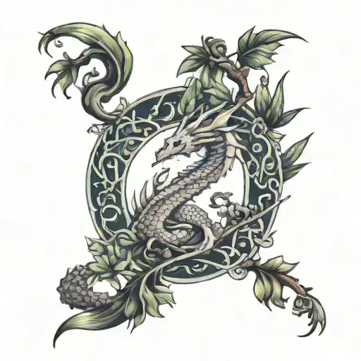 A Fantasy-inspired Tattoo Featuring A Dragon Intertwined With Exotic Indoor Plants