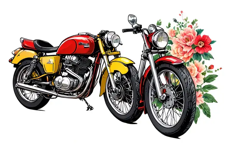A Red Sport Motorcycle And Yellow Classic Old Motorcycle With Flowers Around Them
