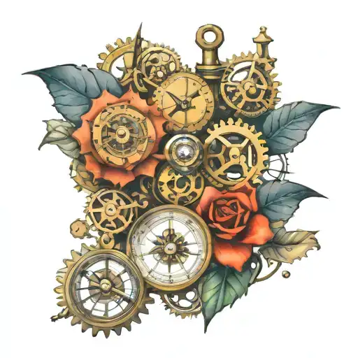 Ladies Steampunk Tattoo Map Compass Key Gears Eyes Hearts