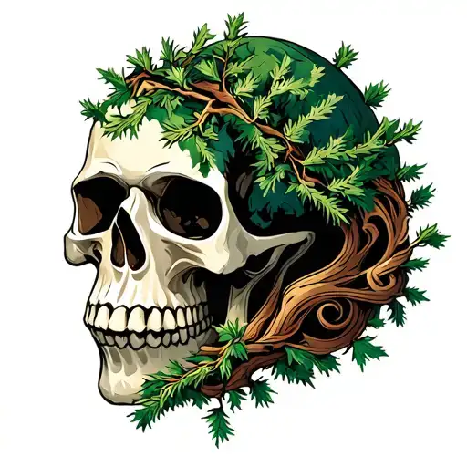 Juniper Tree In Shape Of Skull With Swirls Around It