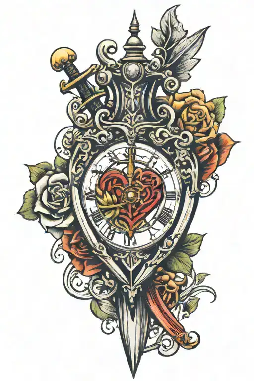 Heart Shaped Clock With Sword Surrounded