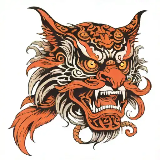 Japanese Tengu Mask On Top Of Tiger