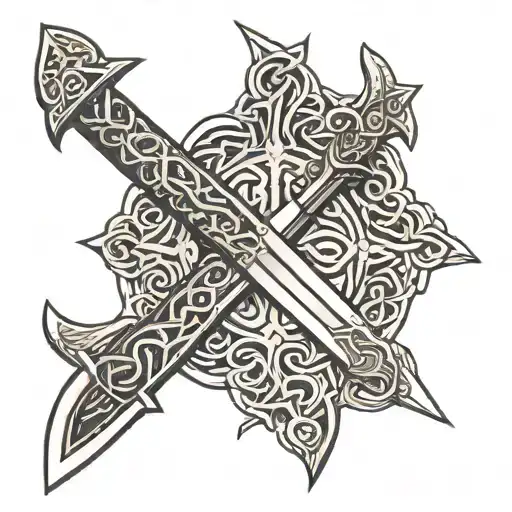 Metallic Sword With Mountain Ranges And Celtic Knot Design On It