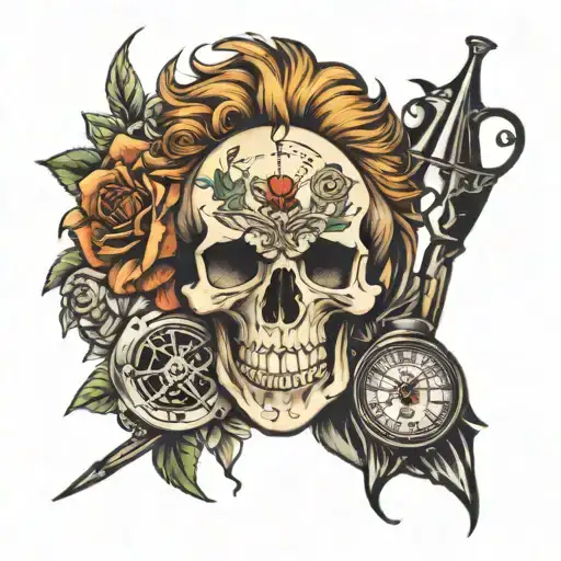 Skull And Lion And Clock And Rose And Fishing