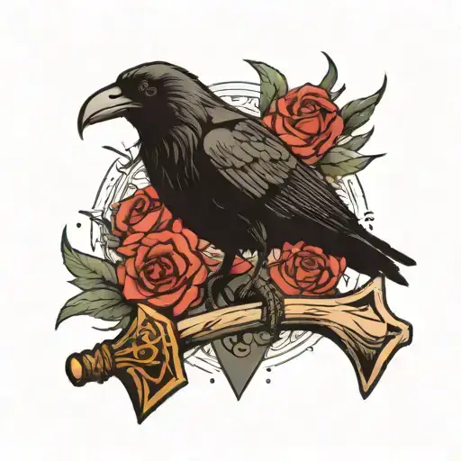 Raven Perched On Axe With Open Wings