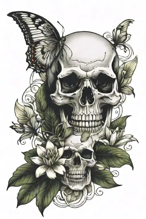 Skull With Water Lilly And Honeysuckle Flowers