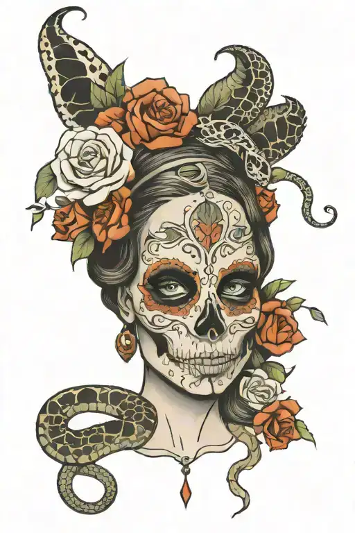 Lady Face Flowers Snake Skull