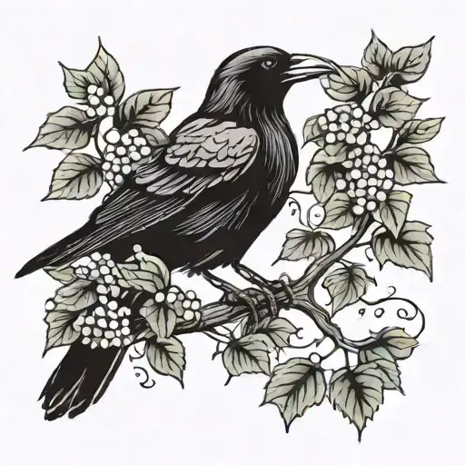 Raven Sits On A Branch Of Ivy And Vine