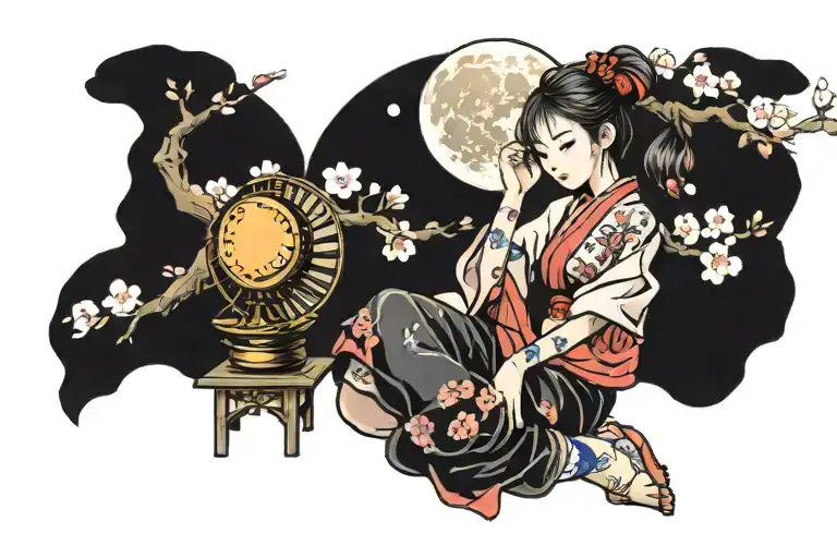 Sakura Tree And A Girl Sitting With A Fan And The Moon
