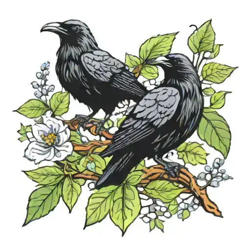 Raven Sits On A Branch Of Laurel Ivy And Vine
