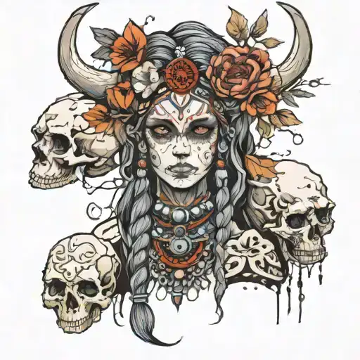 Shaman Woman With Overgrown Animal Skull By Mushrooms