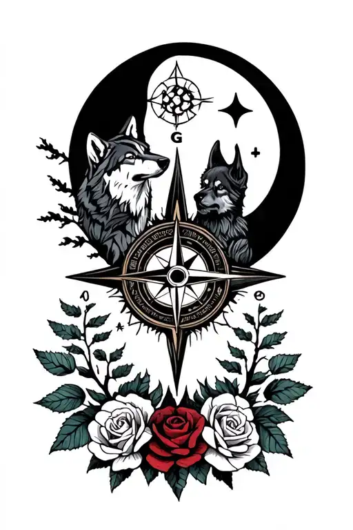 Wolf Compass Intertwined With Roses Trees Moon