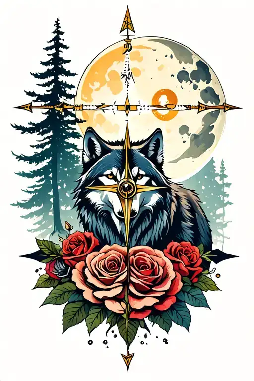 Wolf Compass Intertwined With Roses Trees Moon