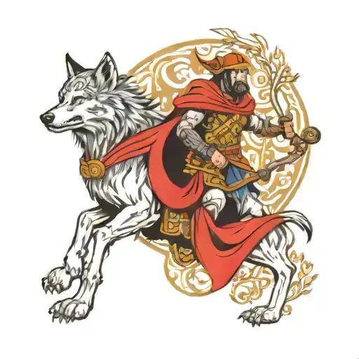 Warrior And Wolf In Forest Scene