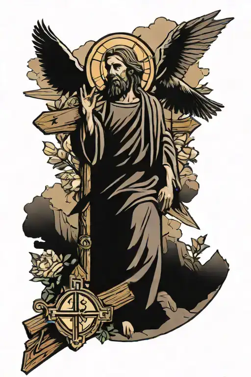 Christan Forearm Tatoo With Jesus Carrying The Cross On A Mountain And Doves In The Air