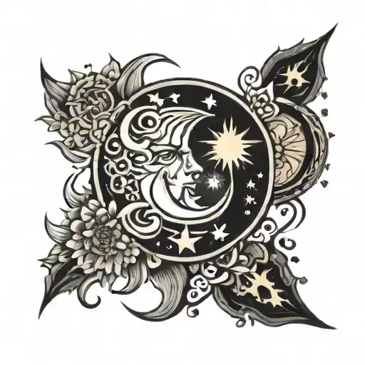 Moon Sun Stars Black Work Sleeve Tattoo Design Featuring