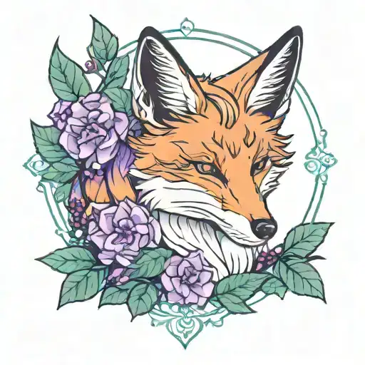 Enlightened Kitsune Fox Surrounded By Purple Cannabis Leaves And A Teal Enchanted Aura
