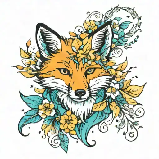 Enlightened Fox With Teal Eys Surrounded By Yellow Flowers And Teal Leaves