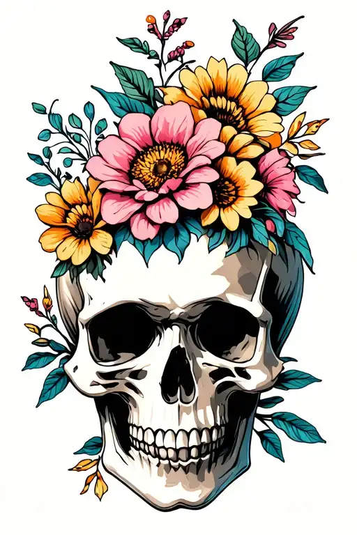 Skull And Flowers Blooming