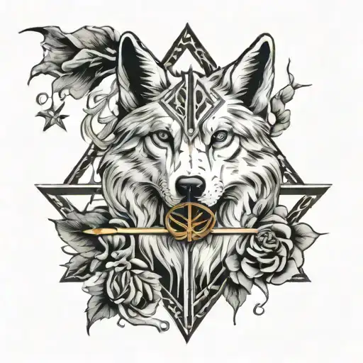 The Deathly Hallows With Wand And A Wolf