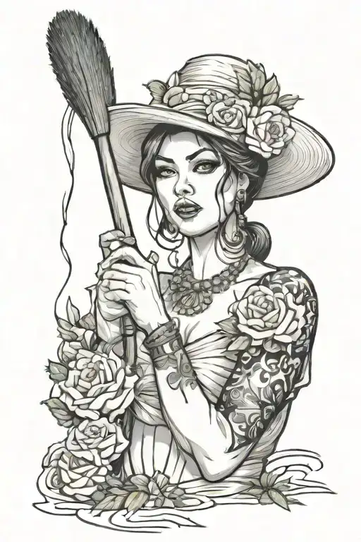 Beautiful Woman Holding A Big Brush And Painting A Road