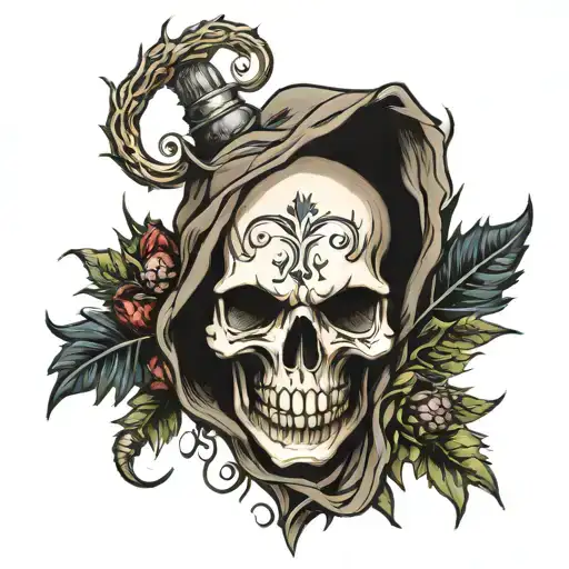 Hooded Skull With Thistles