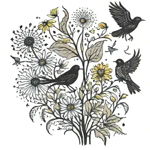 Dandilionz In All Their Stages Including When The Seeds Blow And Turn Into Black Birds Flying Away