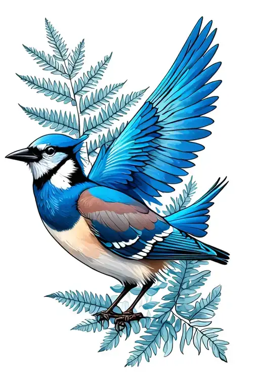Fantail Bird With A Bluejay With Silverfern And Mapleleaf In Background