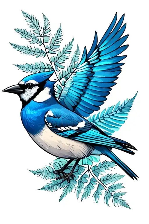 Fantail Bird Facing A Bluejay Bird With Silverfern And Mapleleaf In Background