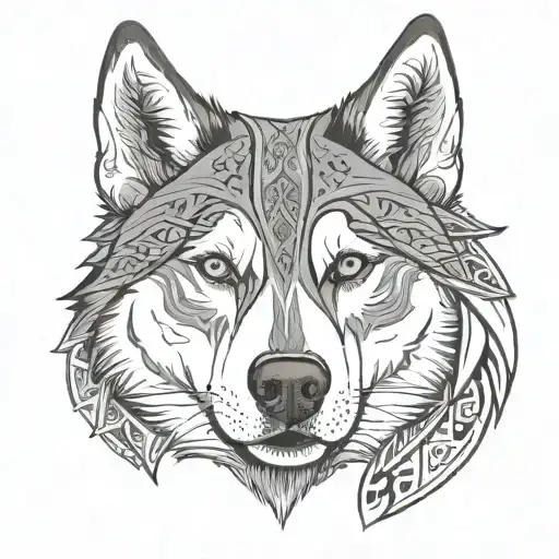 Siberian Husky Symmetrical Face With Half Of The Face With Realism And The Other Half With Tribal