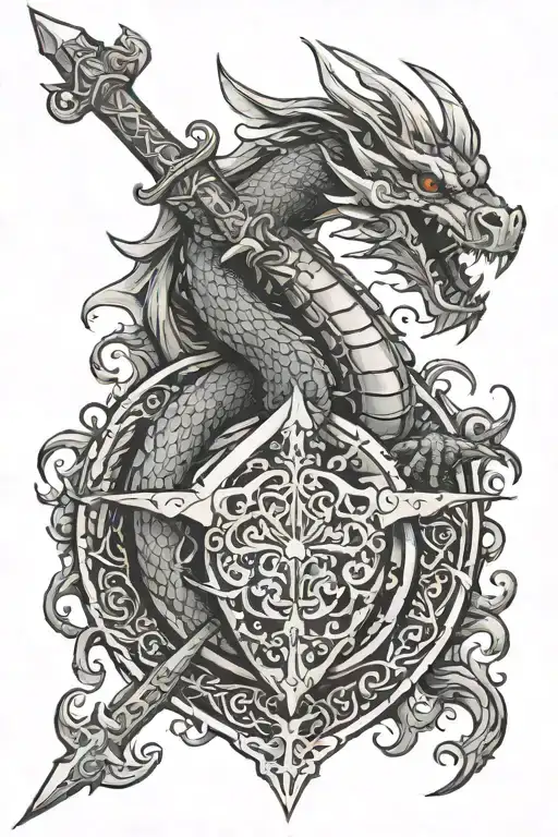 Dragon Wrapping Around Sword And Shield