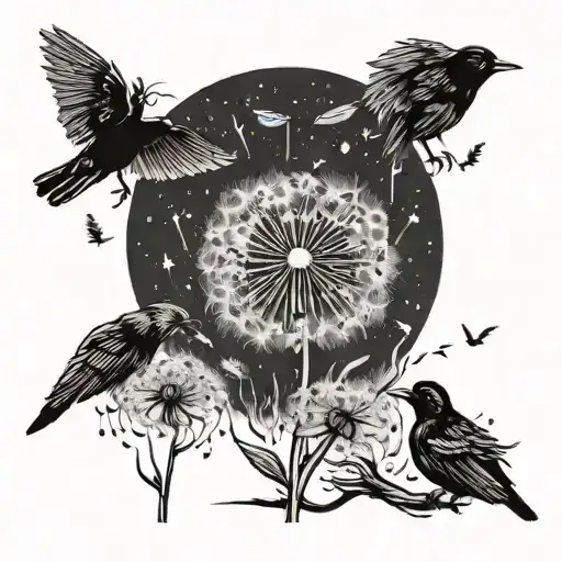 Stages Of A Dandelion Flower With Blowing Seeds And Small Black Birds Flying Away