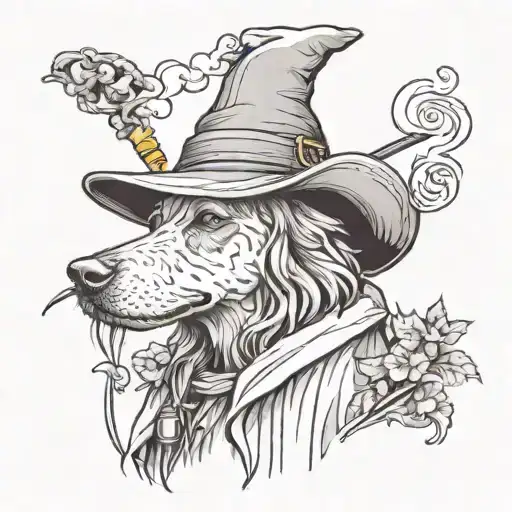 A Tattoo Of A Dog Wearing A Gandalf Hat And Smoking A Pipe In A Garden Setting