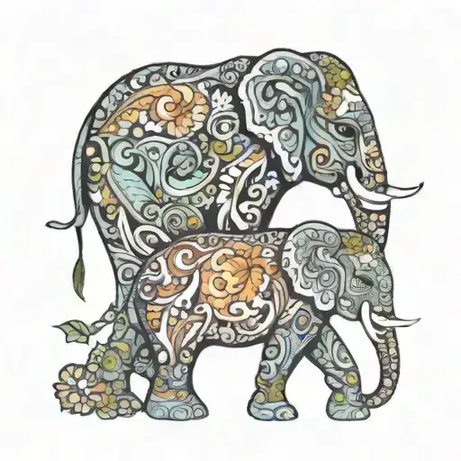 Elephant Mother And Son Surrounded By Paisley Pattern