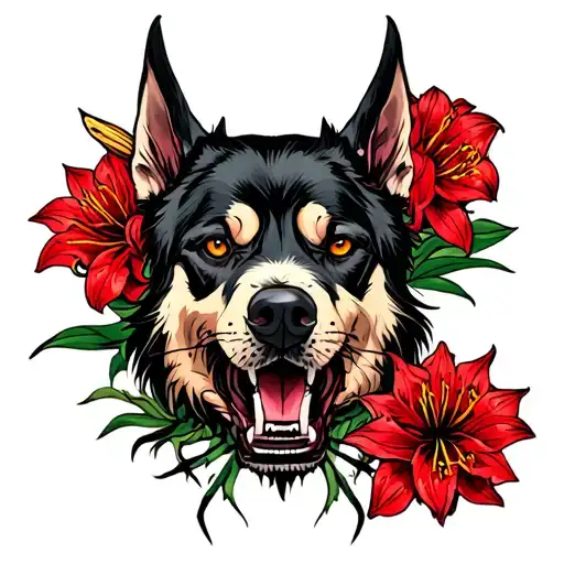 Hellhounds Surrounded By Red Spider Lily Flowers