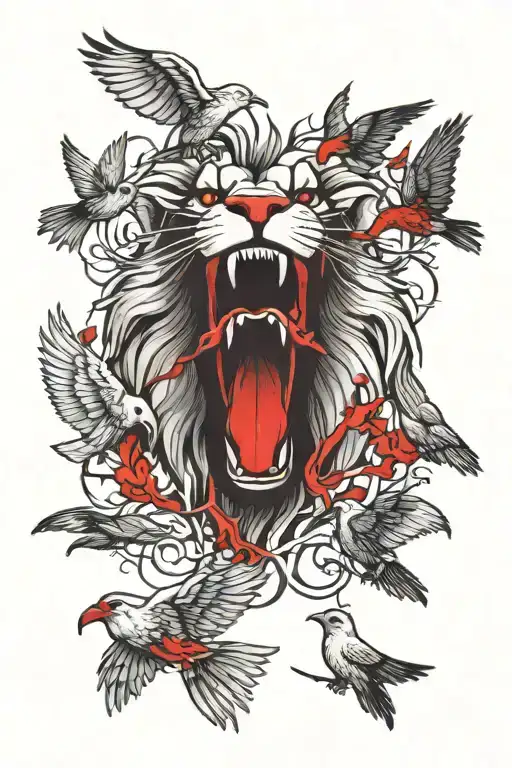Realalistic Lion Head Mouth Open Red Eyes Surrounded By Birds