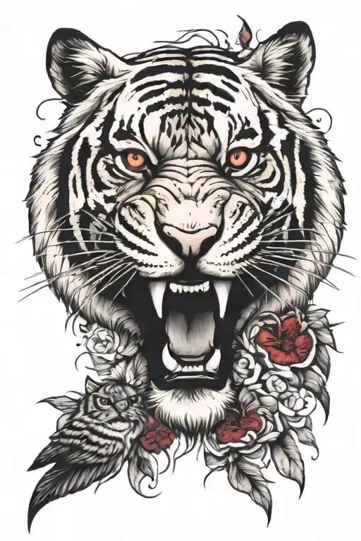 Realalistic Tiger Head Mouth Open Red Eyes Surrounded By Birds