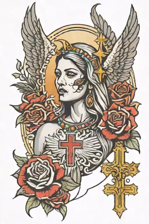 Vrigin Mary With A Mexican Eagle Head In The Background And A Cross In The Bottom