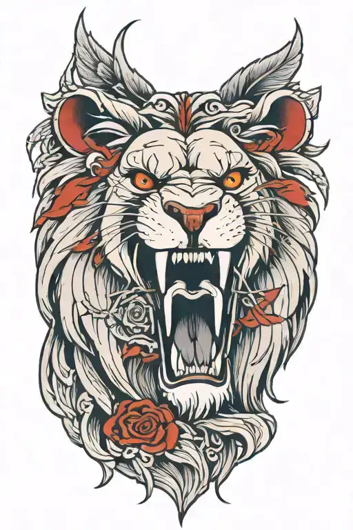 Realalistic Lion Head Mouth Open Red Eyes With A Raven Sitting