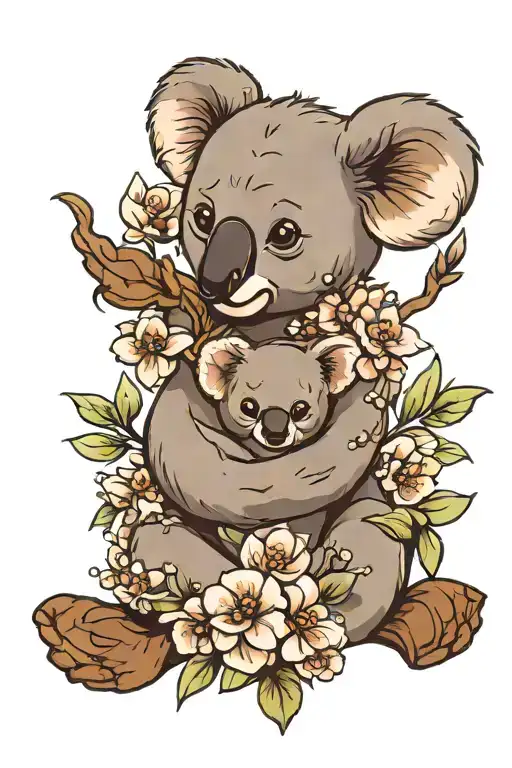 Flowers And Koala Holding A Baby Koala Hugging