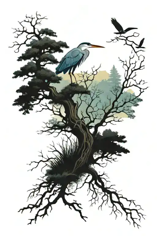 A Mystical Forest Scene With Hidden Creatures And A Blue Heron Perched On A Tree Branch