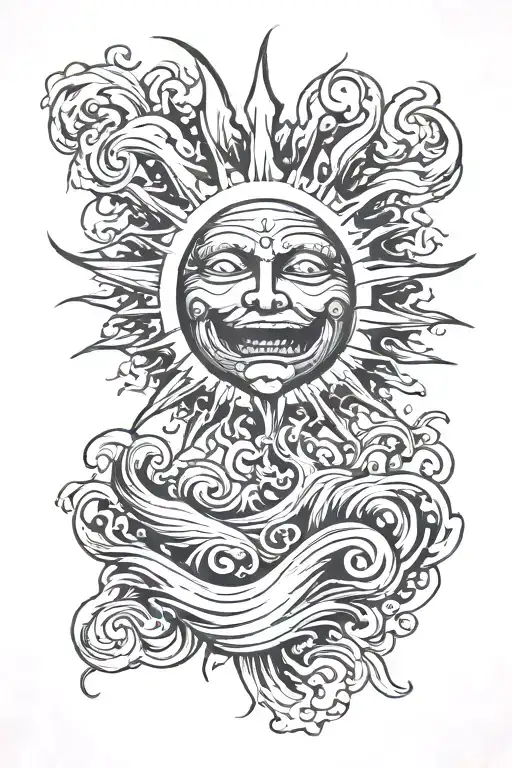 Sun With Face And Wave Breaking In Front