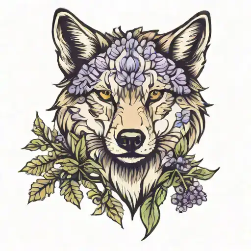 Wolf With Lavender And Oak Leaves