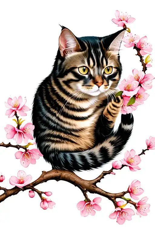 Cat Lying Gracefully On A Cherry Blossom Branch Representing