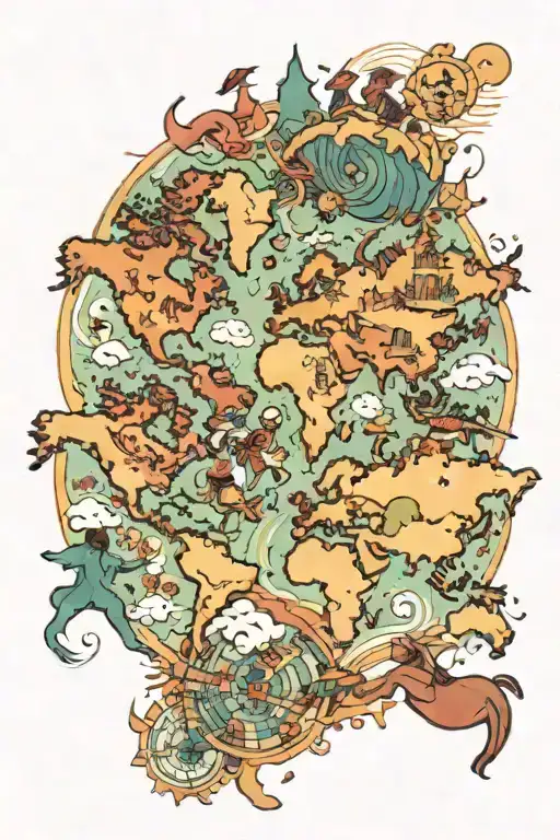 A Whimsical World Map Tattoo With Dancing Figures Representing Different Cultures And Traditions