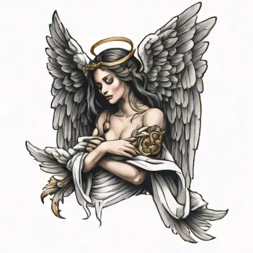 Female Angel With Wings Wrapped Around A Person