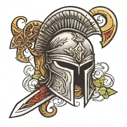 Spartan Helmet Sword Going Vertically